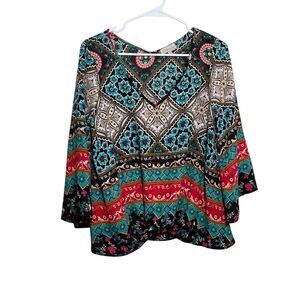 Chenault Blouse Women's Petite Large V-Neck 3/4 Sleeve Printed Boho Shirt Top